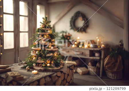 Elegant Christmas tree decorated with natural ornaments and warm lights in a cozy room. 121209799