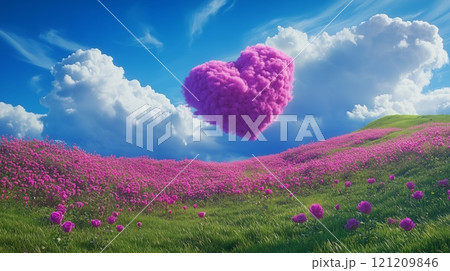 A sea of roses in the park and a huge pink landing cloud shaped like a heart. 121209846