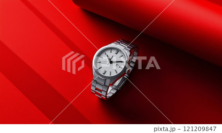 A watch, placed on a gray paper roll and a red geometric background. 121209847
