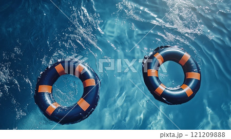 Two lifesavers swimming in the pool. Two lifesavers swimming in the pool. 121209888