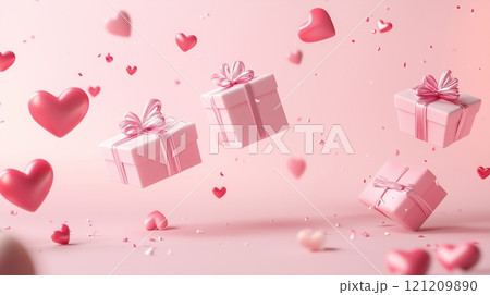 A Valentine's Day background with flying gift boxes and hearts against a pastel pink color. 121209890