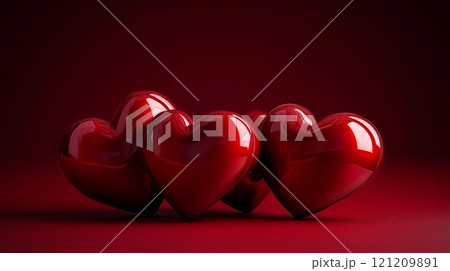 Valentine's Day concept with glossy heart shapes on a dark red backdrop. 121209891