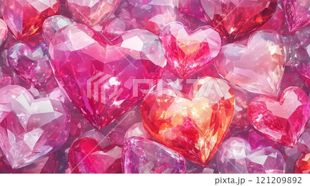 An array of vibrant and sparkling heart-shaped crystals. 121209892