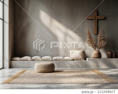 A quiet room for meditation and prayer with a cross on the wall 121209927