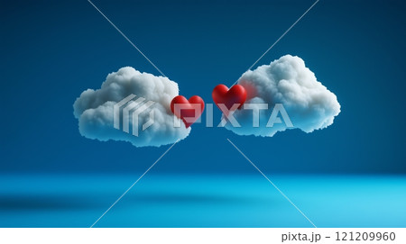 Two white fluffy clouds floating in the air, each holding one red heart shape on a blue background. 121209960