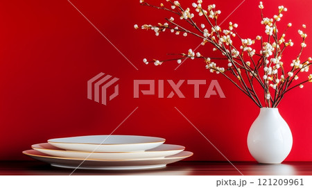 White porcelain plates and cutlery, gold trim on the table, red background with white flowers. 121209961