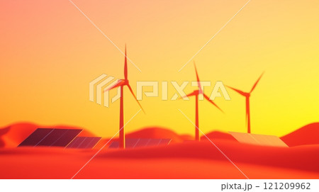 Wind turbines and solar panels in desert. 121209962