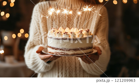A woman holding up an elegant birthday cake with sparklers on top. 121209963