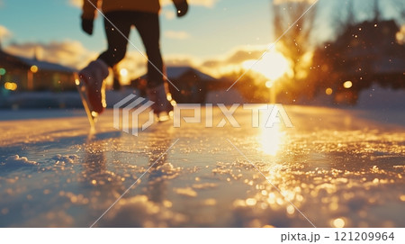 Close-up of a woman's feet on ice skates, skating across an icy lake in winter. 121209964