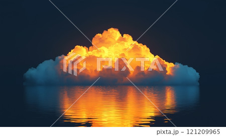 A cloud with lightning reflecting on water, on the dark blue background. 121209965