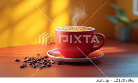A yellow and half red background with a red cup of coffee in the center, with coffee beans. 121209966
