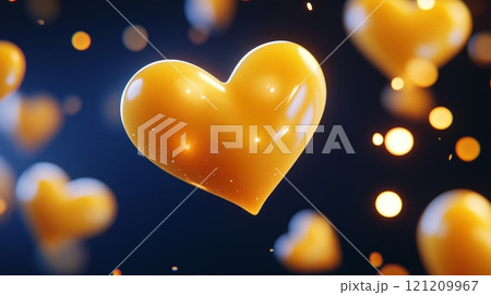 3D glowing yellow hearts floating in the air, with a dark background and lights. 121209967