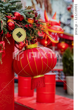 Festive red lantern decorates vibrant street during Lunar New Year celebrations Festive red lantern decorates vibrant street during Lunar New Year celebrations 121210001