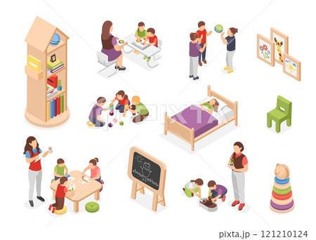 Isometric kindergarten. Children play, studying with teacher, drawing. Kids furniture, bed, bookshelf tables and chair. Preschool kids flawless vector set Isometric kindergarten. Children play, studying with teacher, drawing. Kids furniture, bed, bookshelf tables and chair. Preschool kids flawless vector set 121210124
