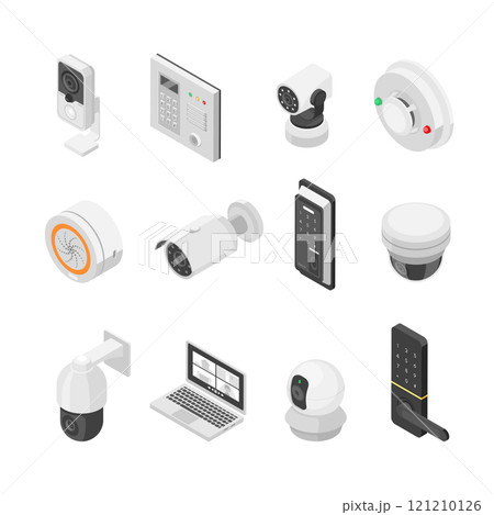 Home security isometric elements. Cctv, camera, signaling and code lockers. Control and protection house apartments or office. Digital technologies flawless vector set Home security isometric elements. Cctv, camera, signaling and code lockers. Control and protection house apartments or office. Digital technologies flawless vector set 121210126