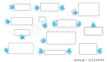 Water drops characters banners. Funny drop with blank posters, cards with place for text. Cute cartoon liquid character with sign board, nowaday vector set Water drops characters banners. Funny drop with blank posters, cards with place for text. Cute cartoon liquid character with sign board, nowaday vector set 121210145