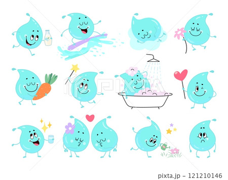 Cartoon water drop characters. Funny positive drops in different poses. Cute liquid character in love, drinking, sleeping, walking, eating, nowaday vector mascots Cartoon water drop characters. Funny positive drops in different poses. Cute liquid character in love, drinking, sleeping, walking, eating, nowaday vector mascots 121210146