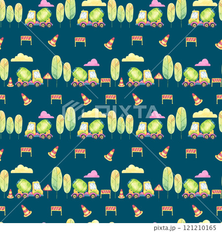 Construction equipment like cement mixers, signs, and trees, illustrated in watercolor on a dark background. This seamless pattern is ideal for backpacks, duvet covers, or childrens pajamas Construction equipment like cement mixers, signs, and trees, illustrated in watercolor on a dark background. This seamless pattern is ideal for backpacks, duvet covers, or childrens pajamas 121210165