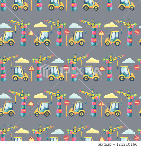 Construction-themed watercolor seamless pattern featuring forklifts, warning signs, and cranes on a gray background. Suitable for backpacks, pencil pouches, and kids t-shirts Construction-themed watercolor seamless pattern featuring forklifts, warning signs, and cranes on a gray background. Suitable for backpacks, pencil pouches, and kids t-shirts 121210166