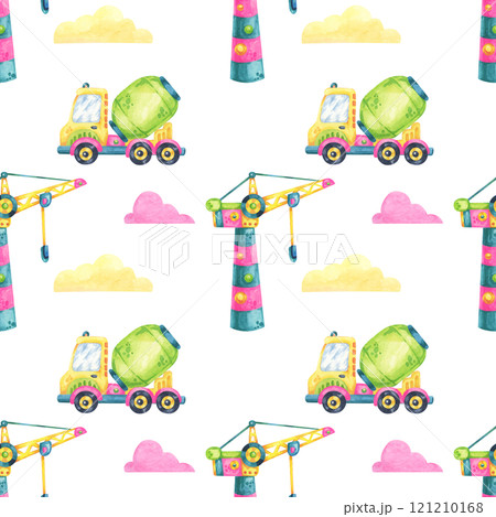 Yellow and green cement mixers, with clouds and colorful construction cranes, form a playful watercolor seamless pattern. This illustration is great for baby bedding, pajamas, or scrapbooking paper 121210168
