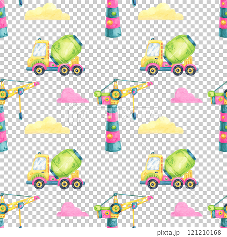 Yellow and green cement mixers, with clouds and colorful construction cranes, form a playful watercolor seamless pattern. This illustration is great for baby bedding, pajamas, or scrapbooking paper Yellow and green cement mixers, with clouds and colorful construction cranes, form a playful watercolor seamless pattern. This illustration is great for baby bedding, pajamas, or scrapbooking paper 121210168