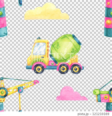 A watercolor seamless pattern featuring a green cement mixer truck with clouds and a construction crane. This clipart is perfect for childrens apparel, school supplies, and nursery wall decor A watercolor seamless pattern featuring a green cement mixer truck with clouds and a construction crane. This clipart is perfect for childrens apparel, school supplies, and nursery wall decor 121210169