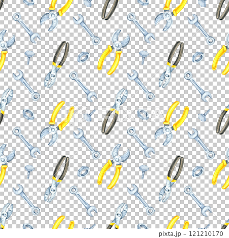 A seamless pattern of yellow pliers, silver wrenches, and bolts in watercolor illustration style. Perfect for DIY product designs, home decor, and custom tool-themed apparel 121210170