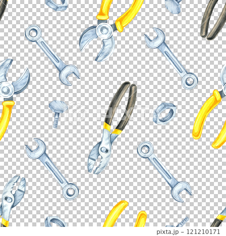 Yellow-handled pliers, silver bolts, and wrenches in a seamless watercolor pattern. Ideal for DIY craft packaging, tool-themed decor, or creating custom stationery or gift wraps Yellow-handled pliers, silver bolts, and wrenches in a seamless watercolor pattern. Ideal for DIY craft packaging, tool-themed decor, or creating custom stationery or gift wraps 121210171