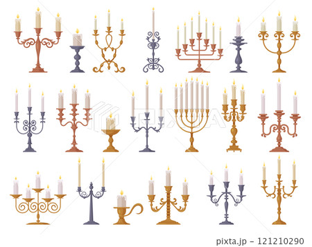 Vintage candles. Candlestick collection with burning candles recent vector illustrations with gold and bronze candelabrum 121210290