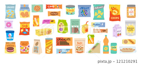 Snack products. Junk food in packages crisps candies different cold drinks soda chocolate bars recent vector snacks illustrations 121210291