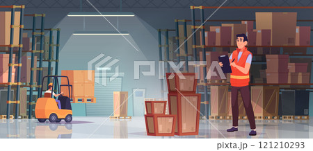 Delivery services. Logistic processes from sellers to customers exact vector warehouse workers background 121210293