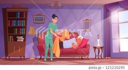 Elderly care. Senior social support from volunteer services exact vector cartoon background 121210295