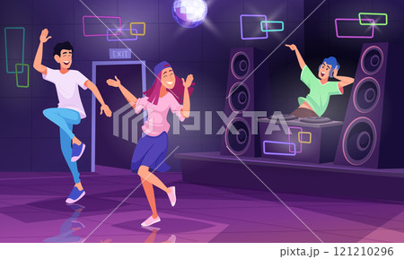Dj background. Party in night club with active dancers and dj musicians exact vector illustrations 121210296
