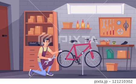 Bicycle workshop. Professional worker fixing damaged bicycles repair and correction wheels exact vector background 121210302