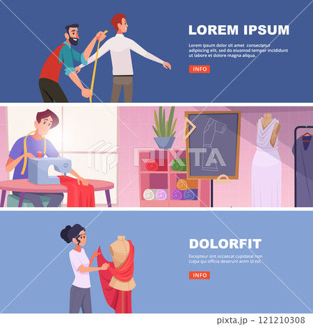 tailors. sewing characters making fashioned clothes. vector horizontal banners 121210308