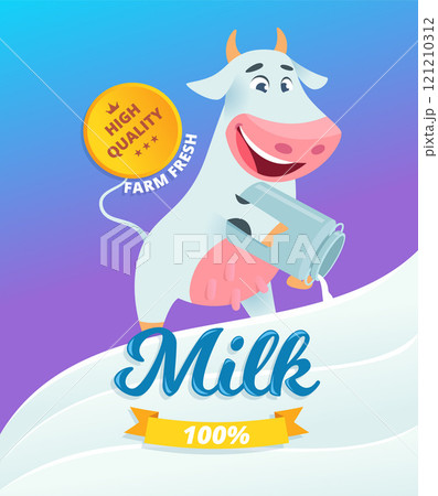 milk placard. cow with can of milk. vector poster with place for text 121210312