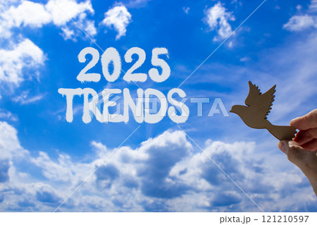 Planning 2025 trends new year symbol. Concept words 2025 Trends on beautiful blue sky. Beautiful blue sky clouds background. Hand holds wooden bird. Business 2025 trends new year concept. Copy space. 121210597