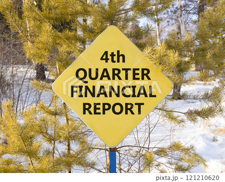 4th quarter financial report symbol. Concept words 4th quarter financial report on beautiful yellow road sign. Beautiful forest background. Business 4th quarter financial report concept. Copy space. 4th quarter financial report symbol. Concept words 4th quarter financial report on beautiful yellow road sign. Beautiful forest background. Business 4th quarter financial report concept. Copy space. 121210620