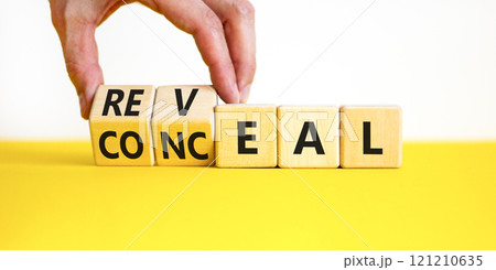 Reveal or conceal symbol. Businessman turns wooden cubes and changes word Conceal to Reveal. Beautiful yellow table white background, copy space. Business reveal or conceal concept. Reveal or conceal symbol. Businessman turns wooden cubes and changes word Conceal to Reveal. Beautiful yellow table white background, copy space. Business reveal or conceal concept. 121210635