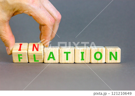 Flation or inflation symbol. Concept words Inflation or Flation on beautiful wooden blocks. Beautiful grey table grey background. Businessman hand. Business flation inflation concept. Copy space 121210649
