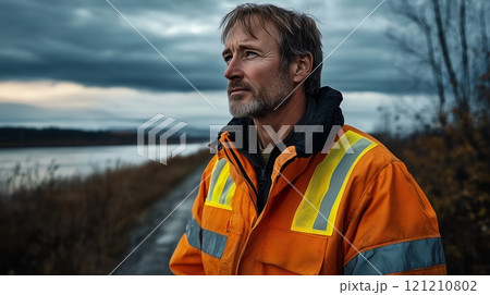A portrait of an industrial worker wearing an orange safety jacket and hard hat. 121210802
