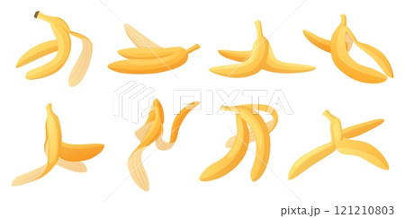 Cartoon banana peels. Isolated fruit peel various shapes, organic waste. Slippery garbage for comic accident fall down. Nowaday vector elements 121210803