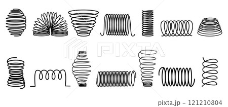 Steel spiral springs. Isolated black metal coils icons, various spring elements. Different compressed extended coil for mattress, machines details, nowaday vector set 121210804