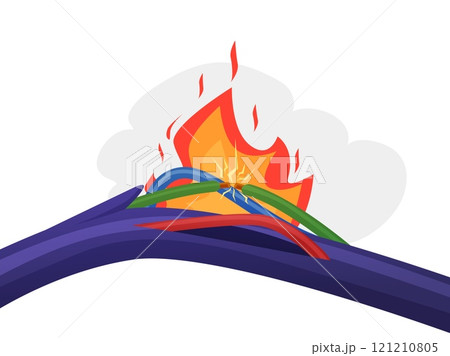 Short circuit background. Broken damaged copper wire with fire flame. Dangerous electrical cable, burning electricity connection or break, nowaday vector background 121210805