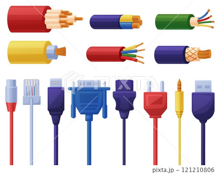 Cartoon cables and connectors. Power transmission electrical elements. Hdmi usb cable, various copper wires. Modern technologies nowaday vector set 121210806