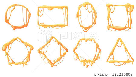 Melted cheese frames. Tasty melting mozzarella or cheddar, frame design from sauce with drops. Yellow flowing cheese borders, nowaday vector set 121210808
