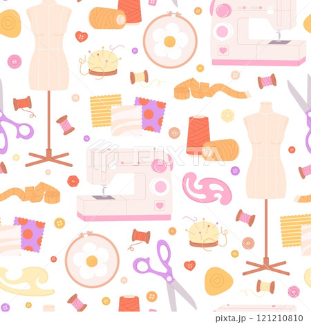Handmade needlework seamless pattern. Different tools for tailor or clothes sewing. Mannequin embroidery scissors beads threads, racy vector background 121210810
