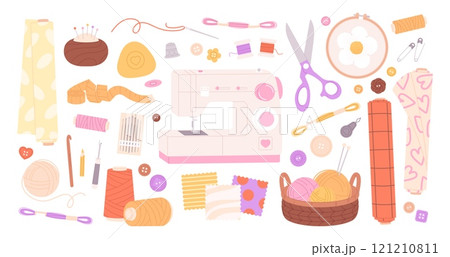 Sewing hand made design. Tools for sew, needles pins threads measuring tape. Embroidery and basket with wool, scissors, racy vector clipart 121210811