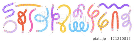 Curved pencils. Funny flexible pencil decorative design. Twisted folded knotted graphic stationery. Creative school art supplies, racy vector elements 121210812