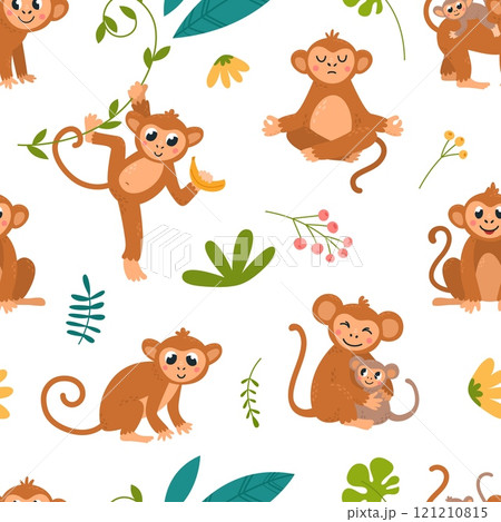 Funny monkey seamless pattern. Cute monkeys various poses characters. Exotic animals children fabric print, wrapping or wallpaper classy vector texture design 121210815
